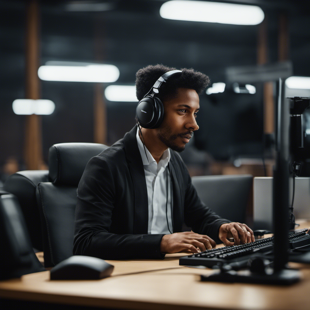 An image of a transcriptionist sitting at a neatly organized desk, wearing headphones and typing on a keyboard with focus and precision