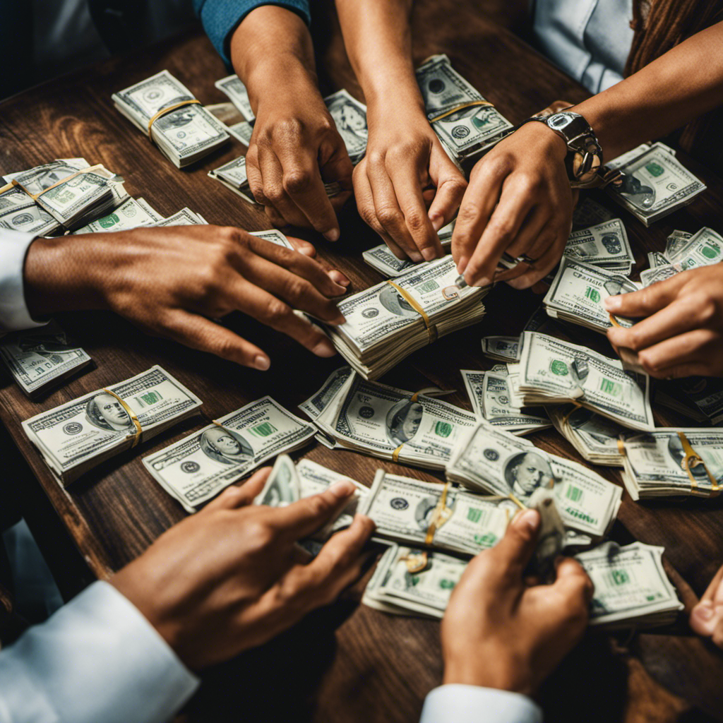 An image showcasing a diverse group of happy sellers joyfully counting a pile of cash, surrounded by crisp dollar bills in various currencies, representing the seamless and lucrative payout system of FeetFinder