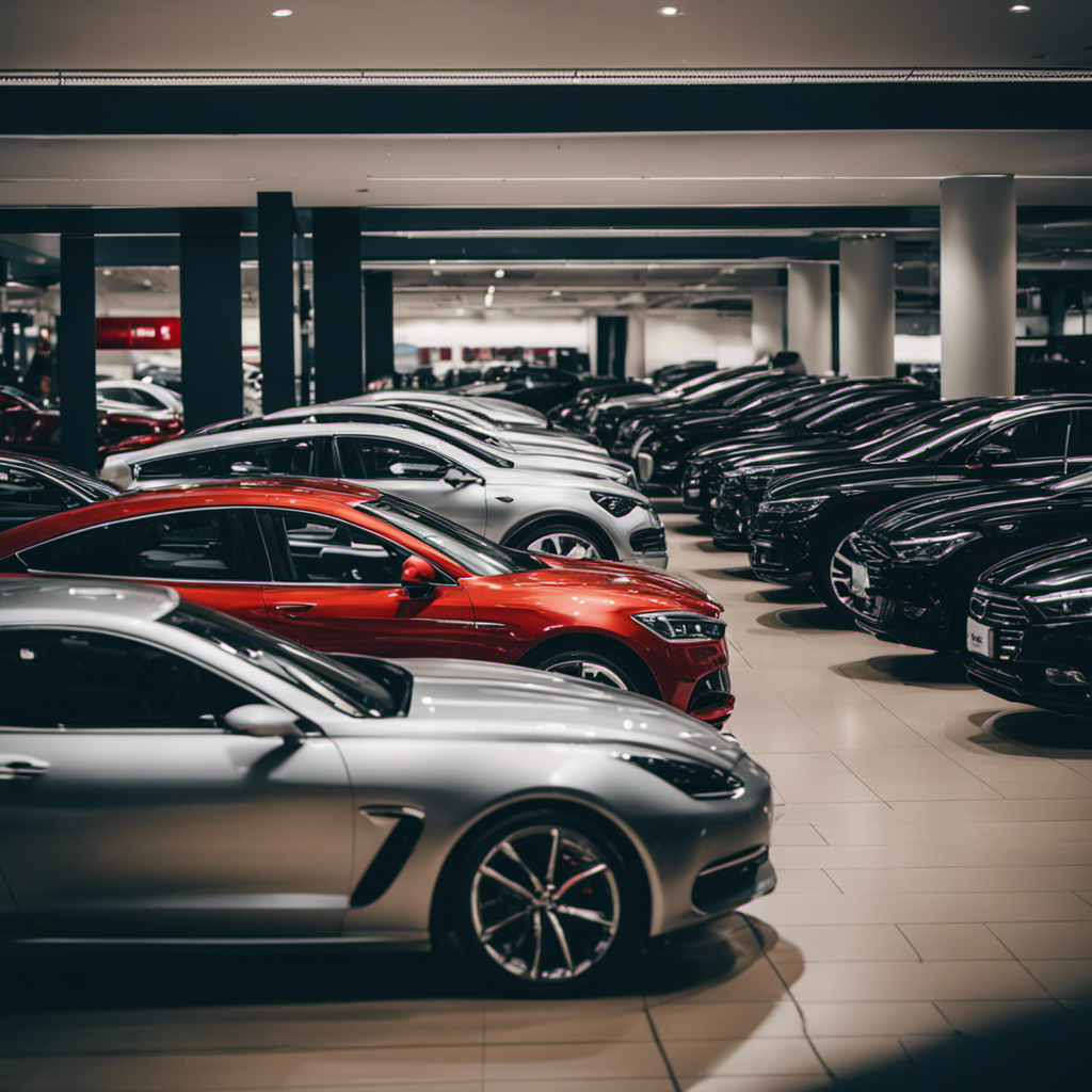 An image showcasing a diverse range of car buying options, depicting a bustling car dealership with rows of new and used vehicles, alongside a person browsing online car listings on their laptop