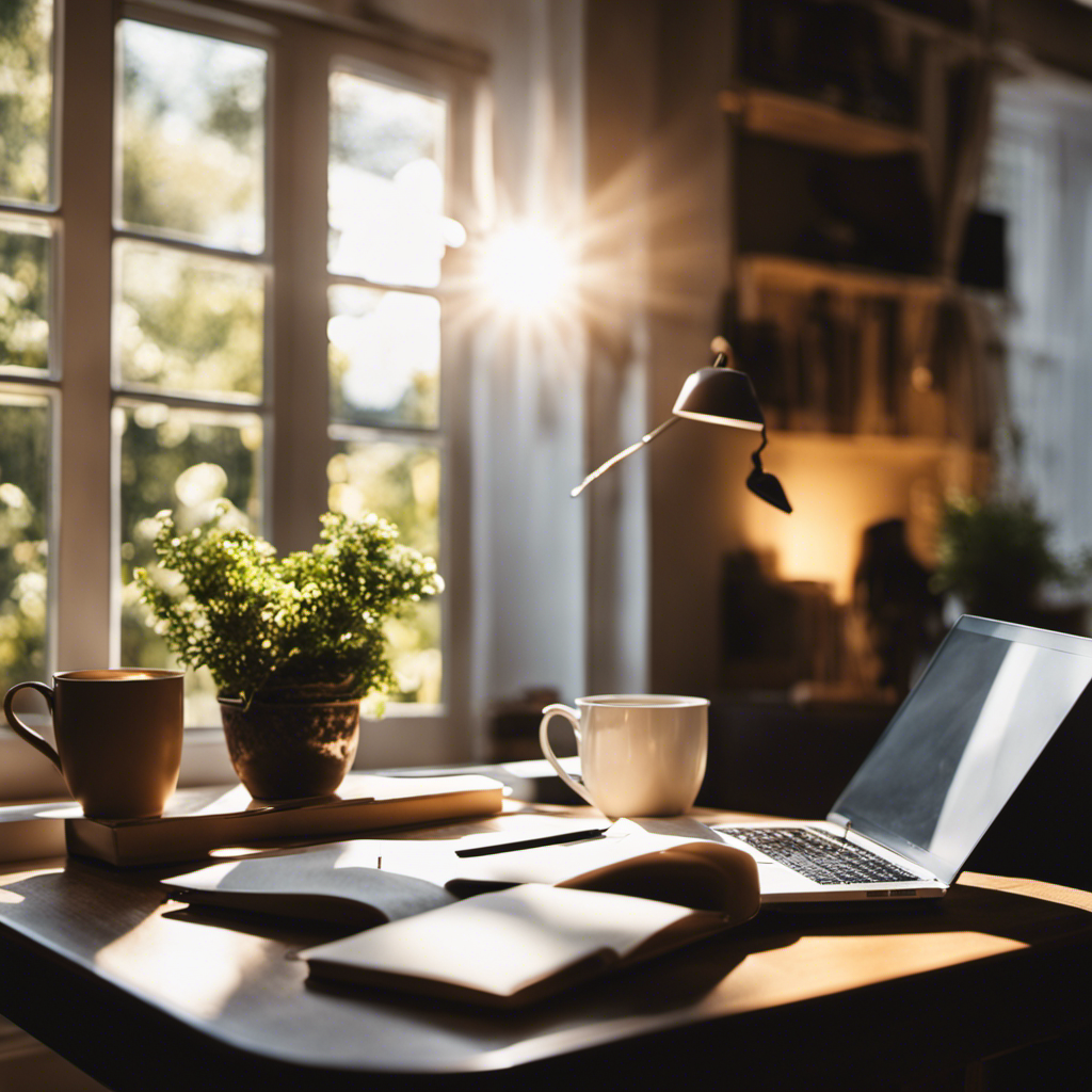 An image of a cozy home office with a laptop, a cup of coffee, and a notepad where a mom is immersed in freelance writing