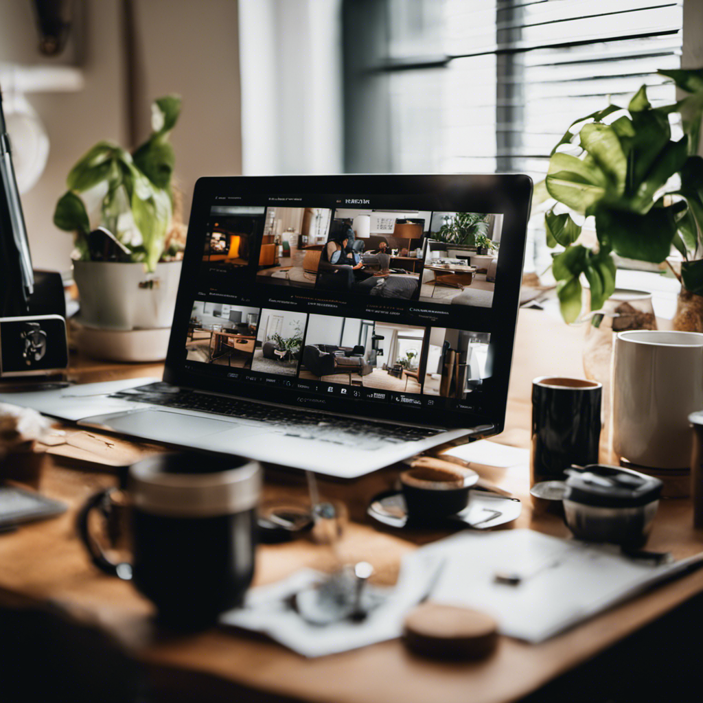 An image showcasing a mother working from home, surrounded by cost-cutting elements like a DIY home office, reusable coffee cup, discounted online courses, and a budget planner