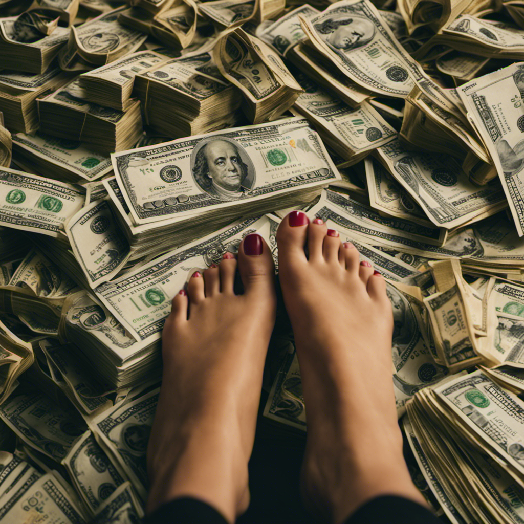 An image with a pair of perfectly pedicured feet elegantly posed on a pile of cash, conveying the financial gain and monetary incentive of selling feet pics