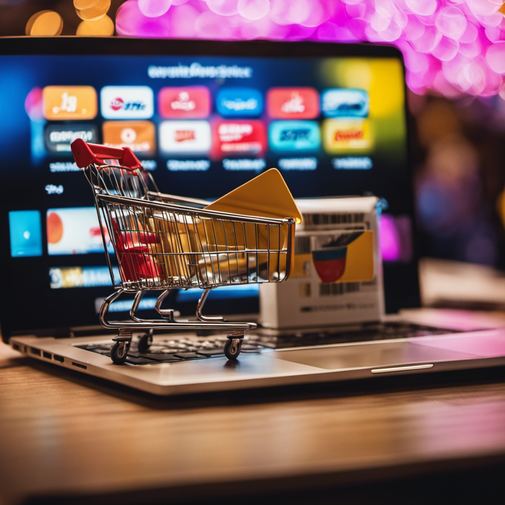 An image showcasing a vibrant online shopping scene, with a laptop displaying the Capital One Shopping logo, surrounded by a flurry of colorful discount tags and shopping carts filled with savings