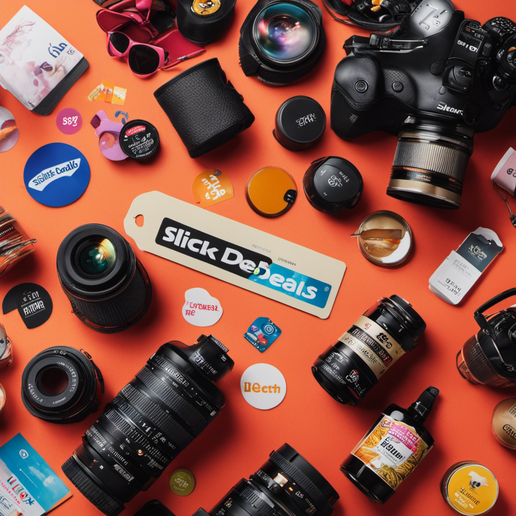 An image showcasing a vibrant collage of discounted products, with the SlickDeals logo prominently displayed